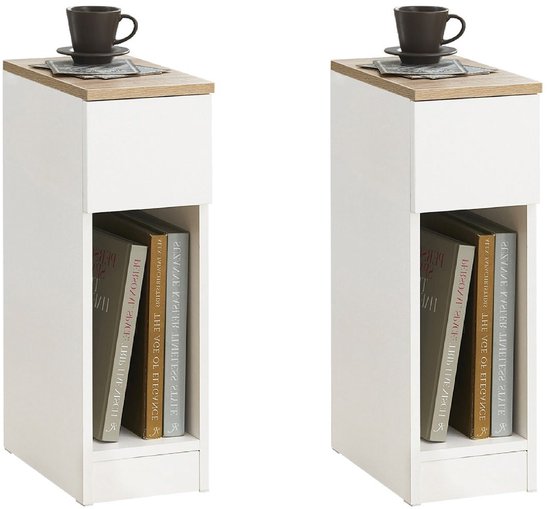 SoBuy Nachtkastje Set van 2 – Smalle Bijzettafels met Lade – Wit, 20x35x60cm, FBT111-WNx2 – voor Slaapkamer of Woonkamer