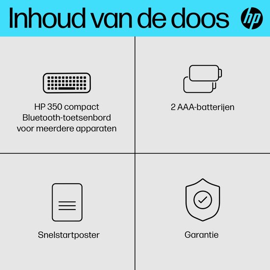 Contenu de la boîte : clavier HP compact, 2 piles AAA, guide de démarrage rapide, garantie.