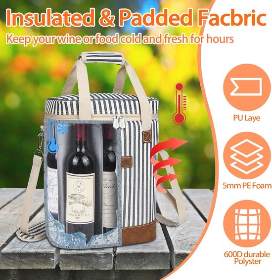 Aosbos 2 flessen wijnkoeltas, lekvrije gewatteerde geïsoleerde waterfles drager met schouderriem, koeltassen sling voor strand, picknick, reizen - geschenkzakje voor wijnliefhebbers, 38 x 15 cm