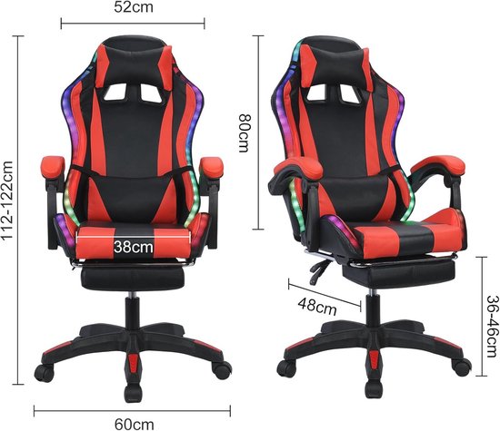 Ergonomische Gamingstoel met Bluetooth en RGB LED Verlichting - Comfortabele Computerstoel met Hoofdsteun en Lendenkussen — afbeelding 2