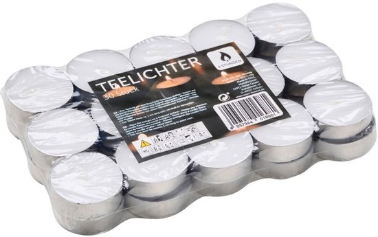 30 witte theelichtjes in plastic verpakking, met oranje-zwarte opdruk met de tekst 'TEELICHTER 30 Stück 4 STUNDEN'.