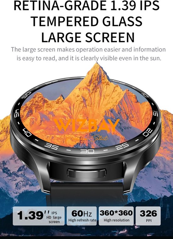 Zilverkleurige smartwatch met een grote wijzerplaat en een bergenlandschap.