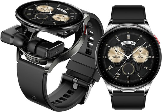 Een zwarte smartwatch met daarop een open klapdeksel met twee oordopjes, naast een gedragen zwarte smartwatch.