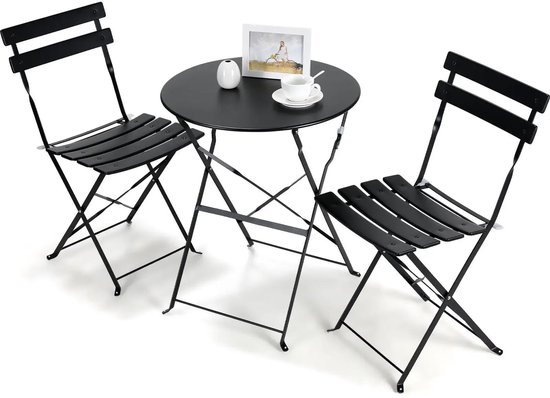 Opklapbare Meubels voor de Kleine Tuin of Balkon 7 Bistroset - Tuinset - Tuintafel met Stoelen - Balkonset 2 Personen - Bistrotafel - 3-delige - Opvouwbare - Stalen Tafel en Stoelen voor Balkon - Zwart