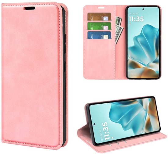 Roze telefoonhoesje, gesloten, open met telefoon en open als standaard.
