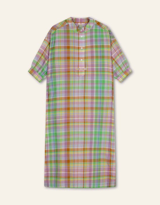 Robe longue à manches courtes, motif à carreaux multicolores (vert, rose, violet, orange).