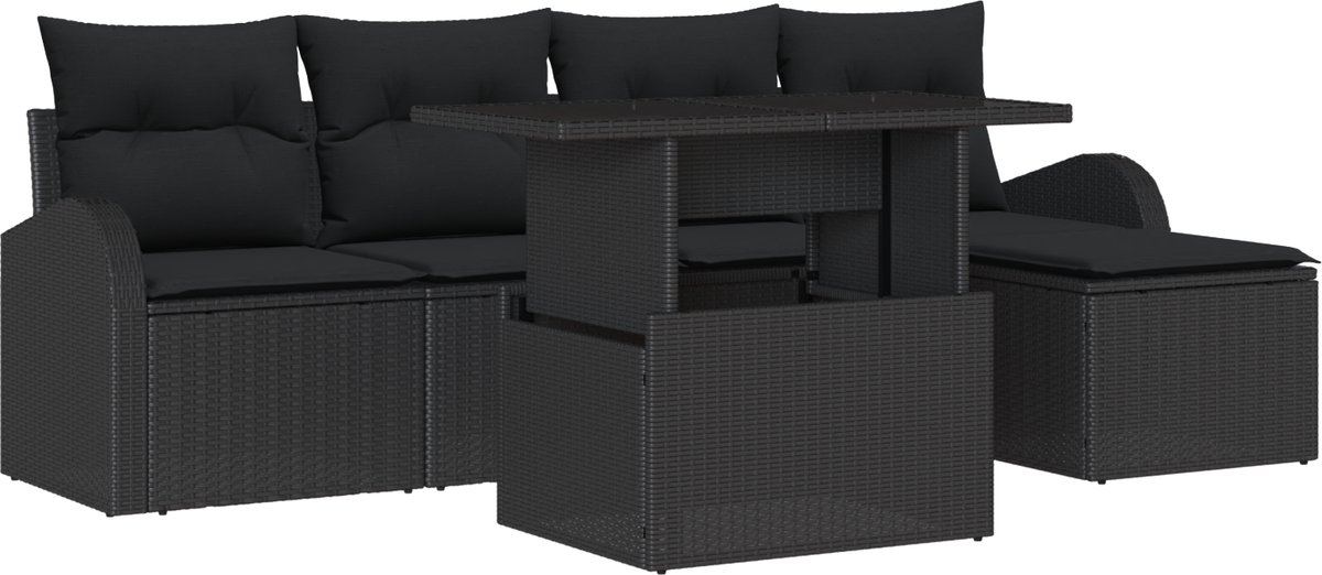 vidaXL - Tuinbank - Set - met - kussen - met - opslag - 6 - pcs - Zwart - Poly - rattan