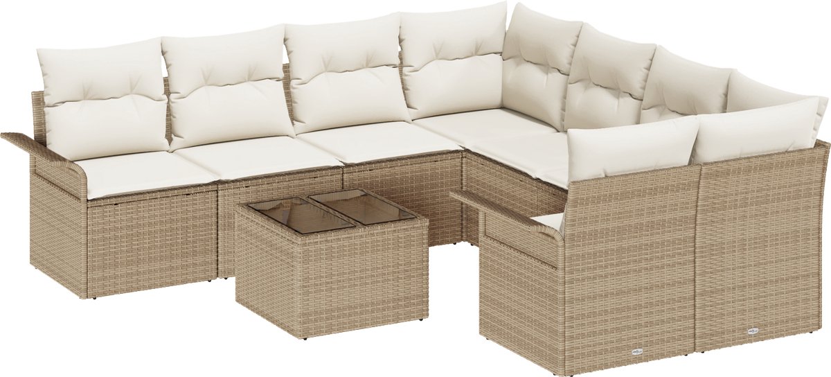 vidaXL - Tuinbank - Set - met - kussen - 9 - pcs - Beige - en - Crème - poly - rattan