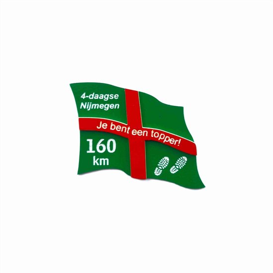 Drapeau vert avec une croix rouge, texte '4-daagse Nijmegen', '160 km', 'Je bent een topper!' et deux empreintes de pas blanches.