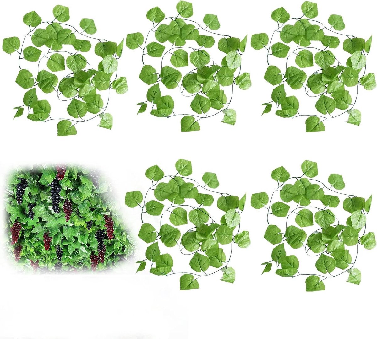 Hangplant Druivenranken Kunstklimopslinger Kunstslinger Hangplant Silk Ivy Garland with Green Leaves Voor Huismuren Decoratie Binnen en Buiten - Set van 5 stuks