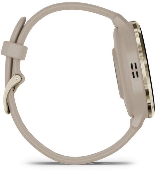Zijprofiel van een lichtbruine smartwatch met gouden sluiting.