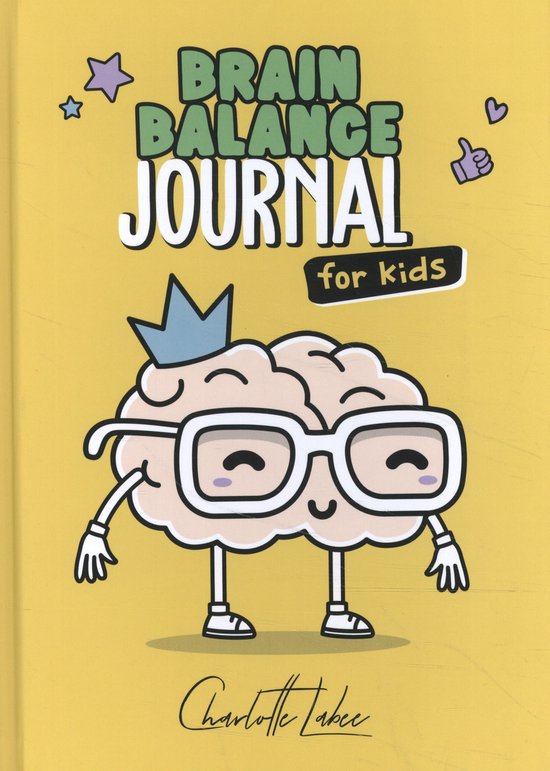 Gele kaft met de titel 'Brain Balance journal for kids' en een getekende brein met bril.