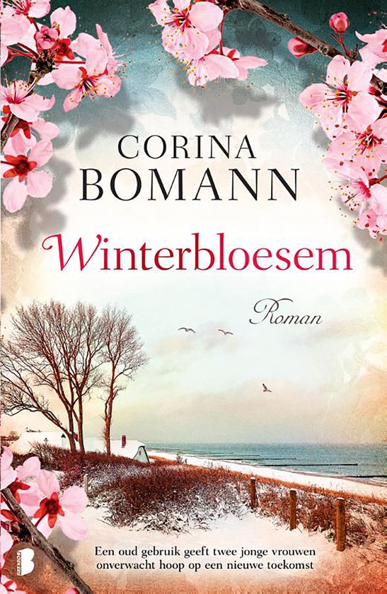 Livre 'Winterbloesem' de Corina Bomann. Paysage hivernal avec des branches de cerisier en fleurs et une maison au bord de la mer.