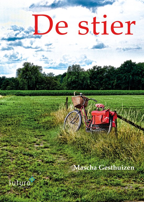 Boekomslag met de titel 'De stier' in rode letters, een rode fiets met mand en bloemen in een weiland.