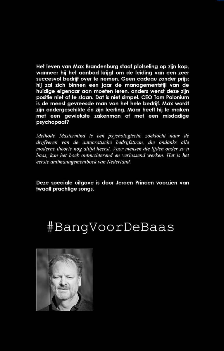 Een zwart-witfoto van een man met een baard en de tekst '#BangVoorDeBaas'.