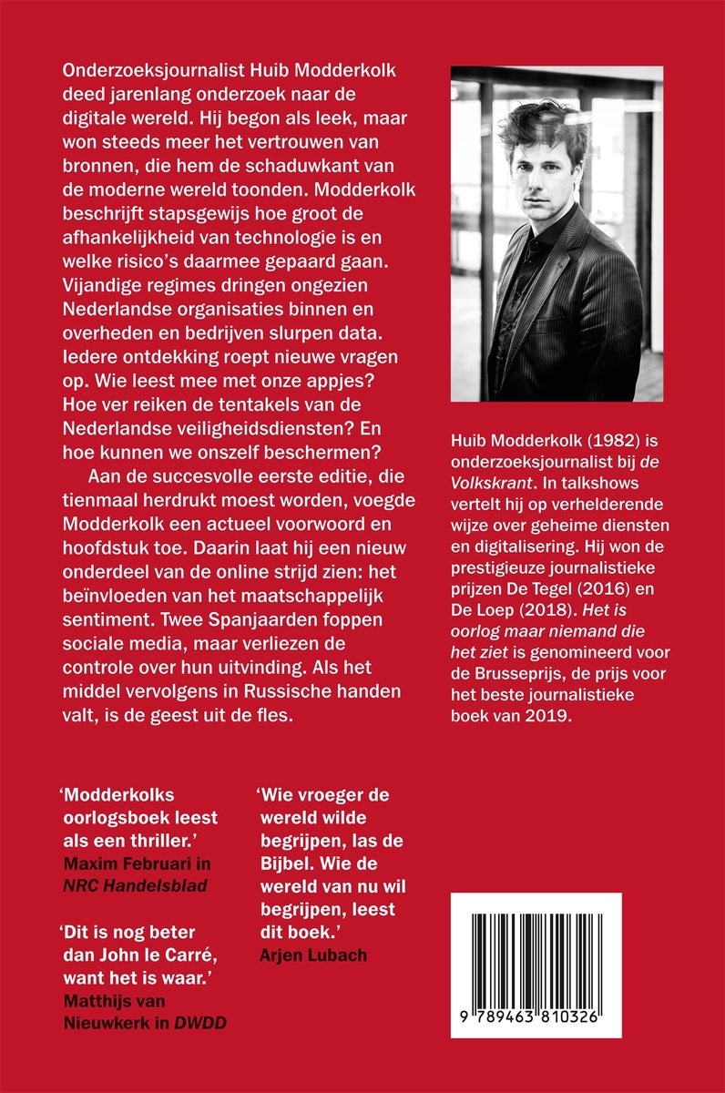 Boekcover 'Het is oorlog maar niemand die het ziet' met foto van auteur en tekstblokken.