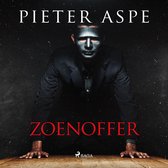 Een man met een zwart masker en een zwart pak leunt met zijn handen op een houten tafel. De titel 'ZOENOFFER' staat in rode letters.