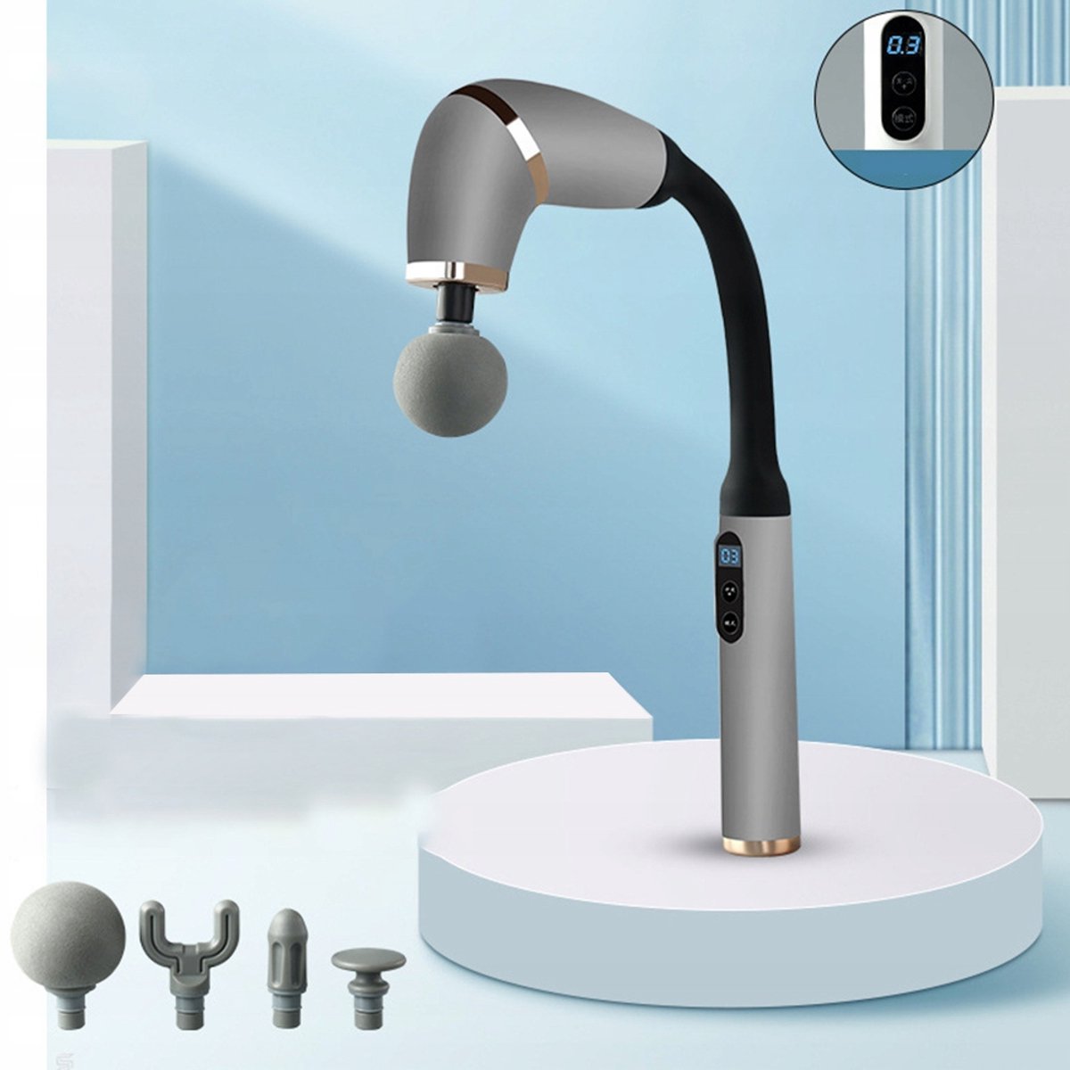 Afbeelding 3 van Elbow Fascia Gun met lange handgreep - vaderdag cadeau - Massagepistool - LCD-scherm - 4 massagekoppen - 3 standen - 6 snelheden - 2000 mAh - Zilvergrijs