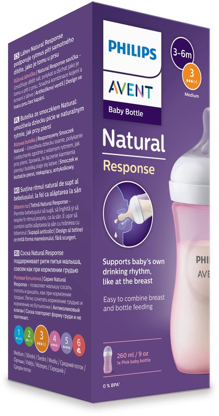 Philips Avent Natural Response Babyfles 260 ml – Flow 3 – Roze-1 fles - SCY903/11