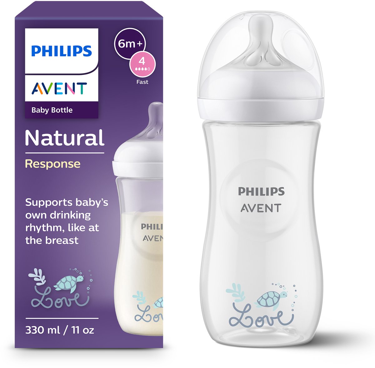 Goedkoopste Philips Avent Natural Response 1 babyfles – 330 ml – flow 4 - schildpad - SCY906/11