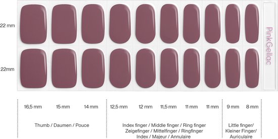 Overzicht van 20 donker mauve gel nagelstickers in 10 verschillende maten, met afmetingen.