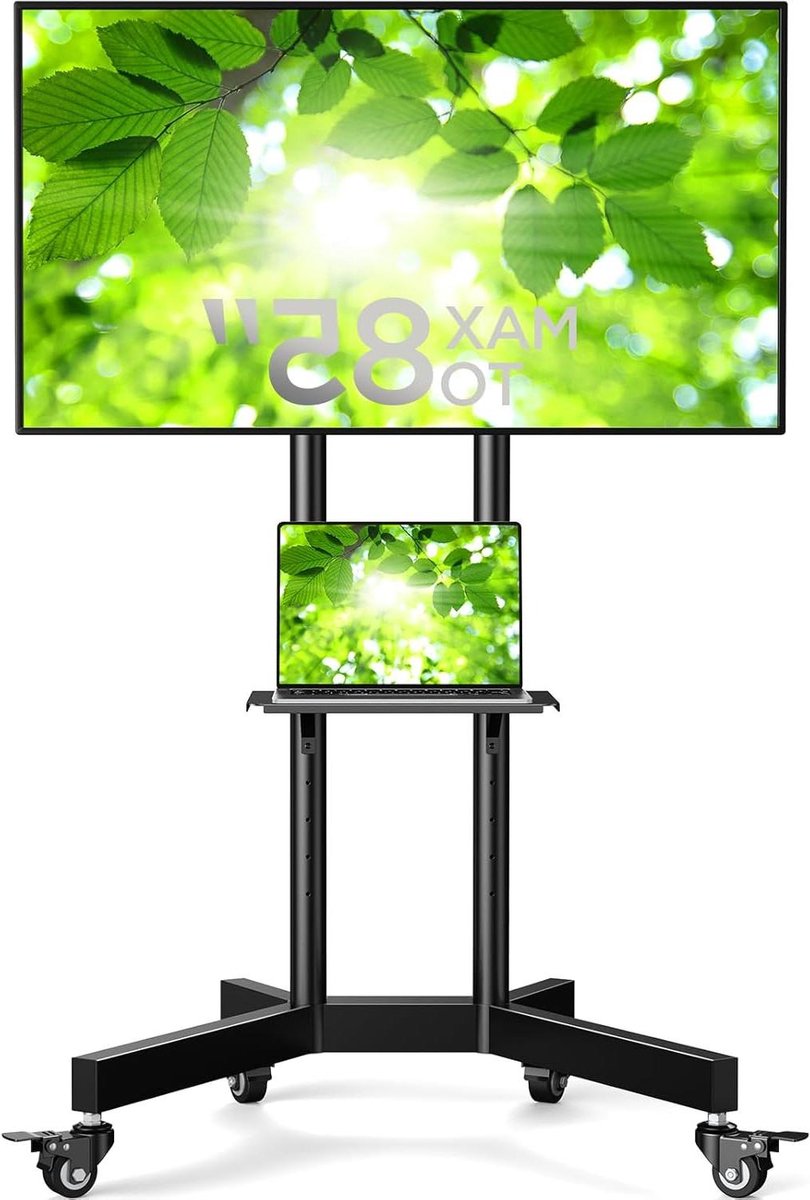 TV-standaard op wielen voor schermen van 32-85 inch, tot 60 kg, in hoogte verstelbaar - Draagbaar voor LCD, OLED, 4K platte/gebogen panelen met afsluitbare Mobiele TV-standaard