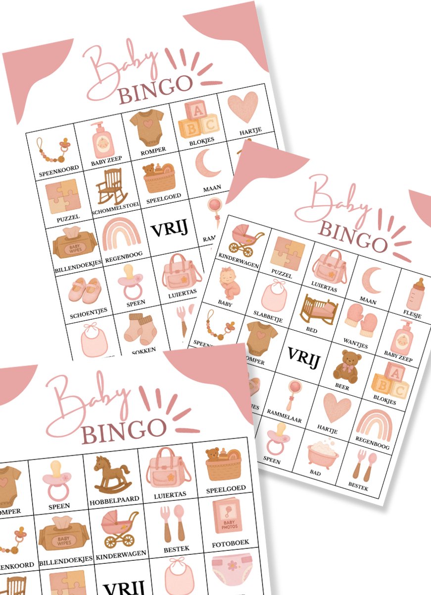 Babyshower Invulkaarten - 20 stuks - Babyshower Spelletjes - Babyshower Bingo - babyshower Meisje - Roze