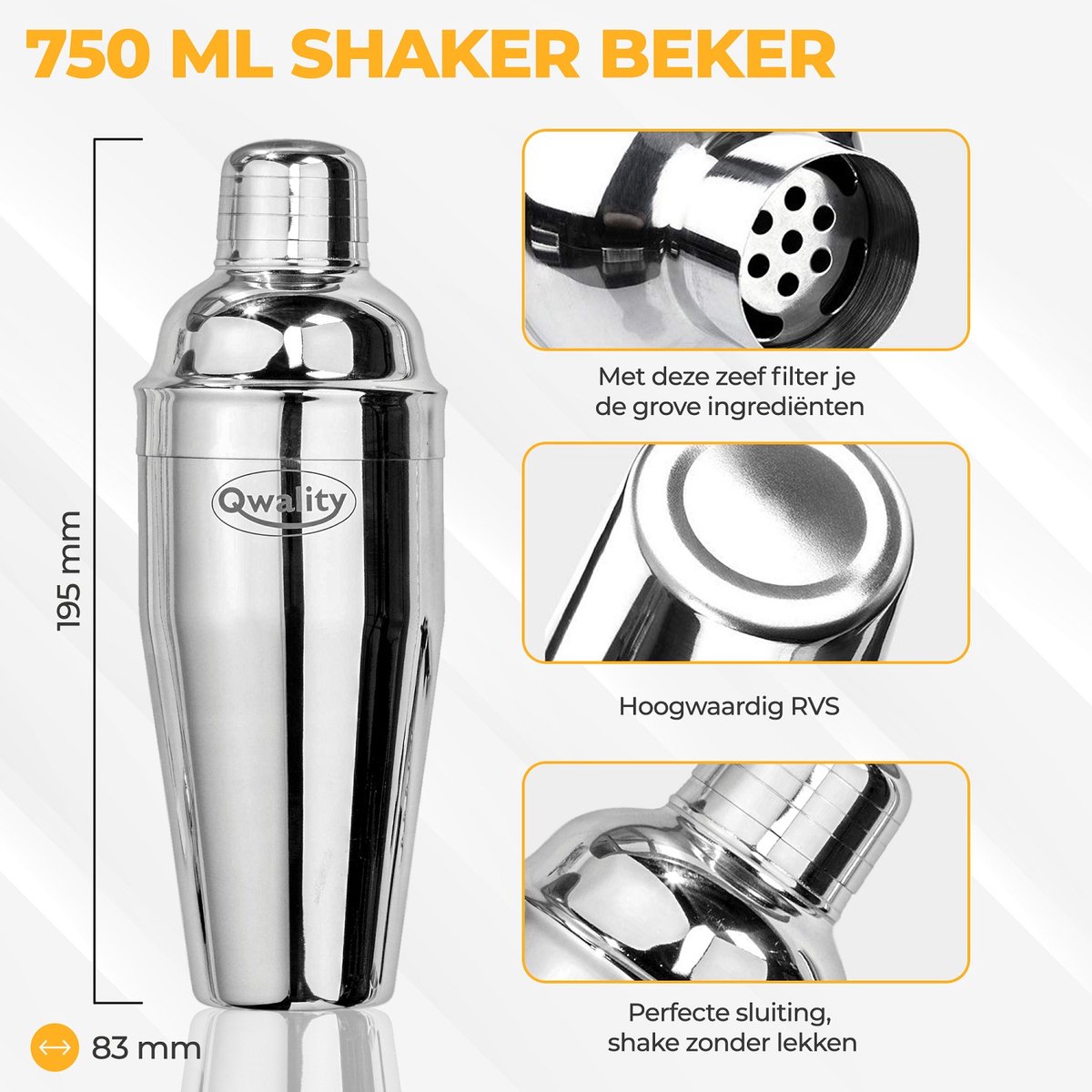 Cocktail Shaker Set (750 ml) - Cocktail Set - Luxe Cadeau voor hem of haar - Cocktailset - Zilverkleurig - Qwality® — cadeau in Kookcadeaus - foto 7