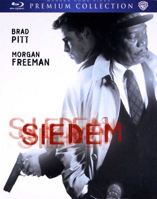 Blu-ray hoes met Brad Pitt en Morgan Freeman, titel "SIEDEM". Brad Pitt met pistool.