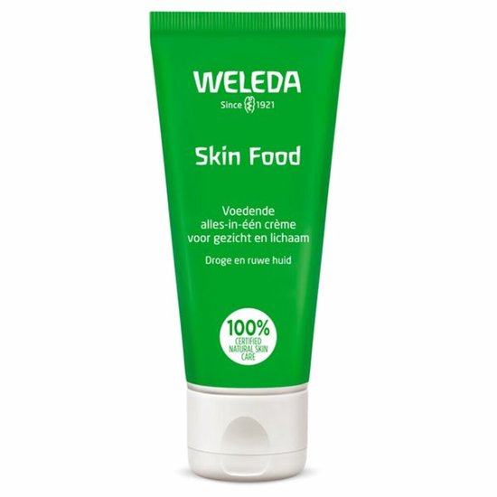 WELEDA Skin Food tube, groene tube met witte dop. "Voedende alles-in-één crème voor gezicht en lichaam. Droge en ruwe huid."