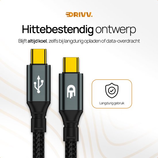 Câble USB-C gris avec gaine tressée noire, connecteurs jaunes et icône "Utilisation longue durée".