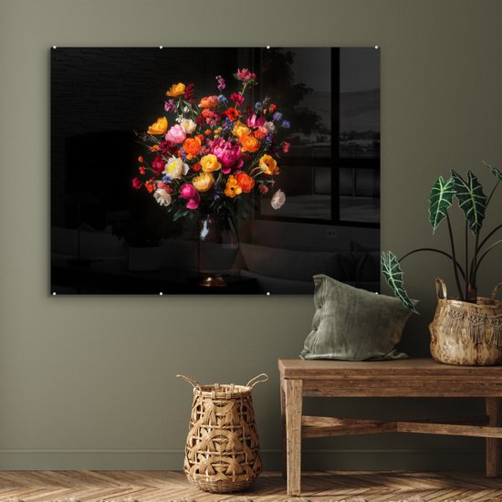 MuchoWow® Peinture sur verre 120x90 cm - Peinture acrylique sur verre - Colorée - Bouquet - Vase - Brun foncé - Photo sur verre - Décoration murale salon - Décoration murale chambre - Peintures