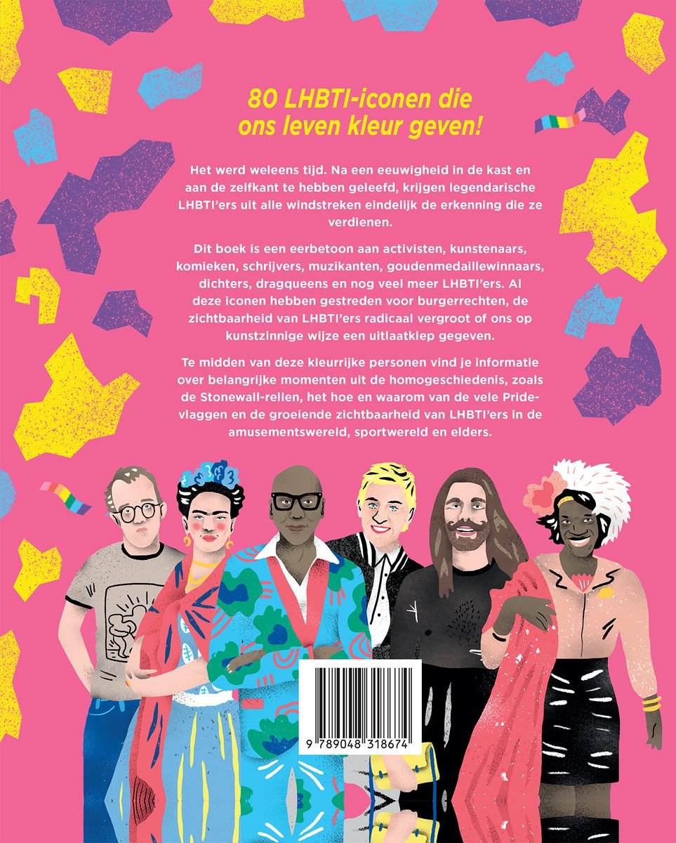 Boekcover met de titel '80 LHBTi-iconen die ons leven kleur geven'. Een groep van zes diverse personen staat op de voorgrond.