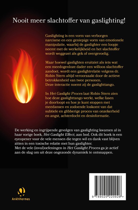 Achterkant van een boek met de titel "Het Gaslight Proces". Bevat tekst over gaslighting en een afbeelding van een vlam.