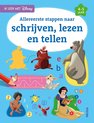 Boekomslag 'Allereerste stappen naar schrijven, lezen en tellen' met Disney-figuren.