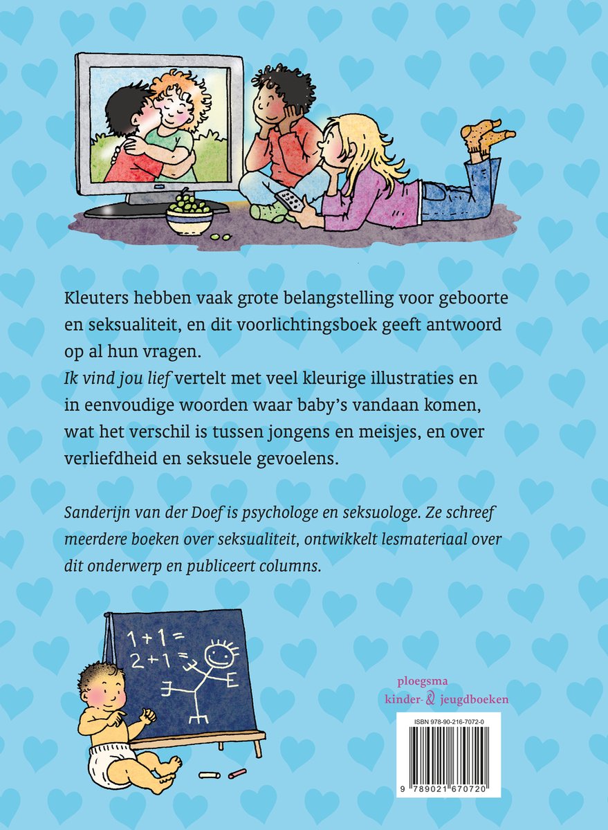 Achterkant boekcover 'Ik vind jou lief' met illustraties van kinderen, hartjes en tekst.