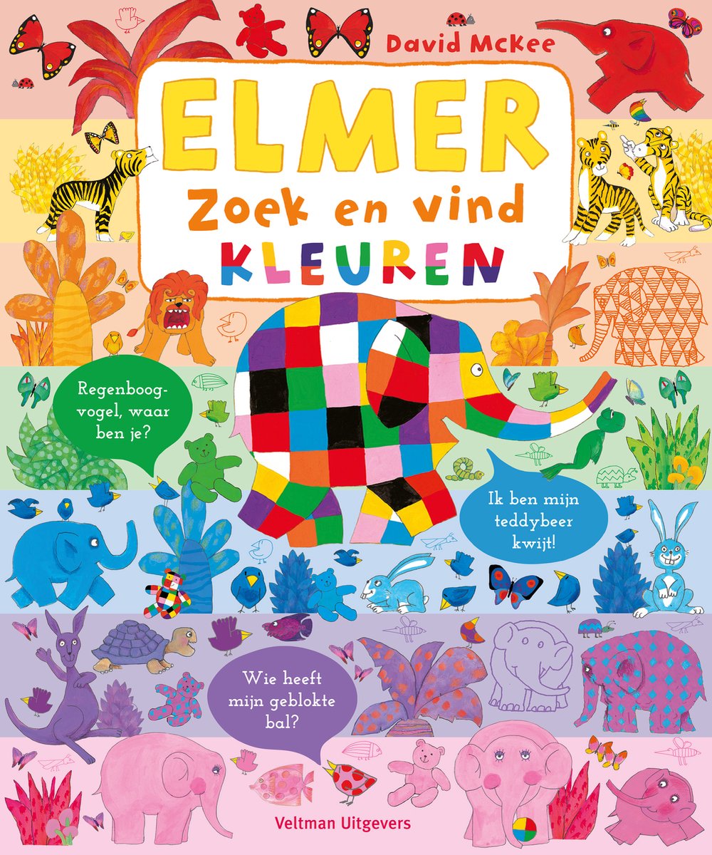 De cover van het kinderboek 'Elmer zoek en vind - Kleuren' toont een kleurrijke olifant, tijgers, leeuwen, olifanten en verschillende kleine dieren.