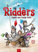 Boek 'De Ridders kopen een ronde tafel' met vrolijke illustraties van ridders in harnas met kleurrijke veren.