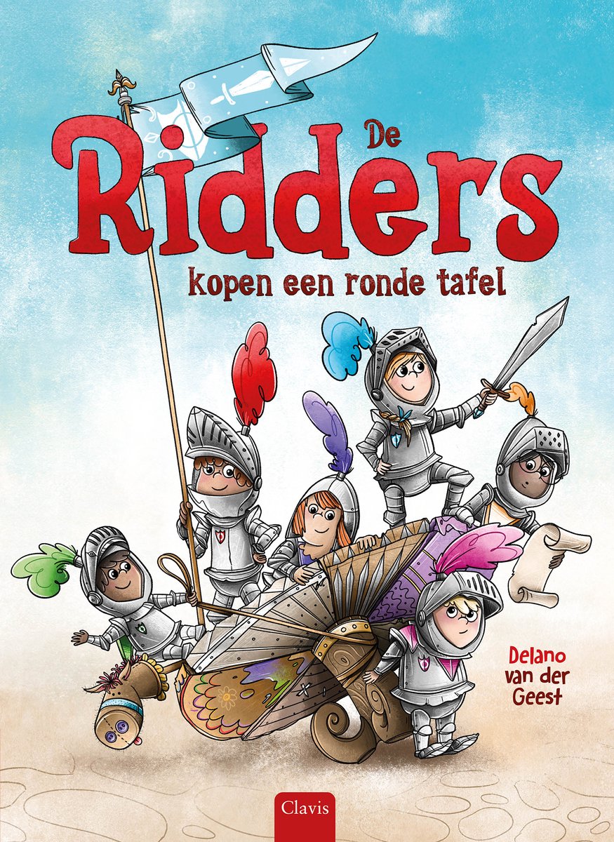 Boek 'De Ridders kopen een ronde tafel' met vrolijke illustraties van ridders in harnas met kleurrijke veren.