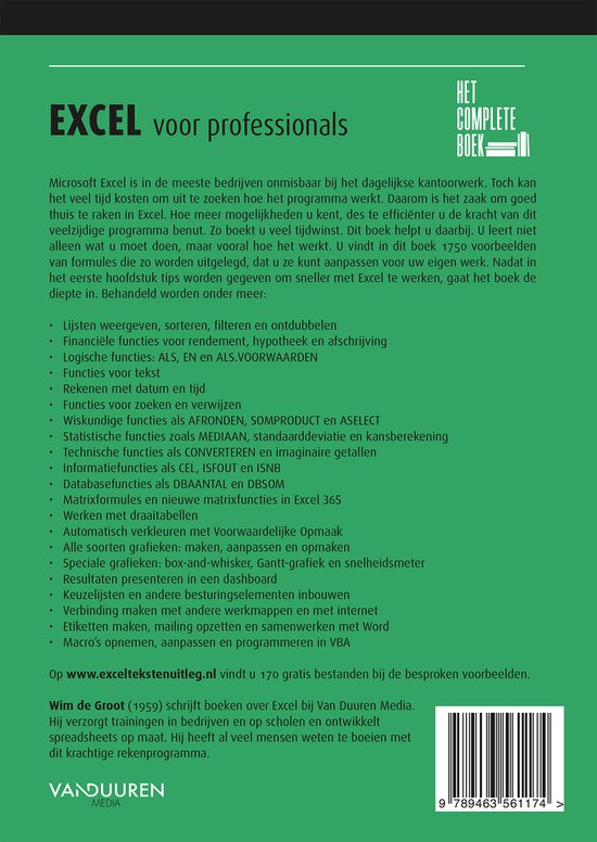 Achterkant boek 'Excel voor professionals'. Beschrijving van het boek, inhoudsopgave en auteur Wim de Groot. Bevat ISBN.