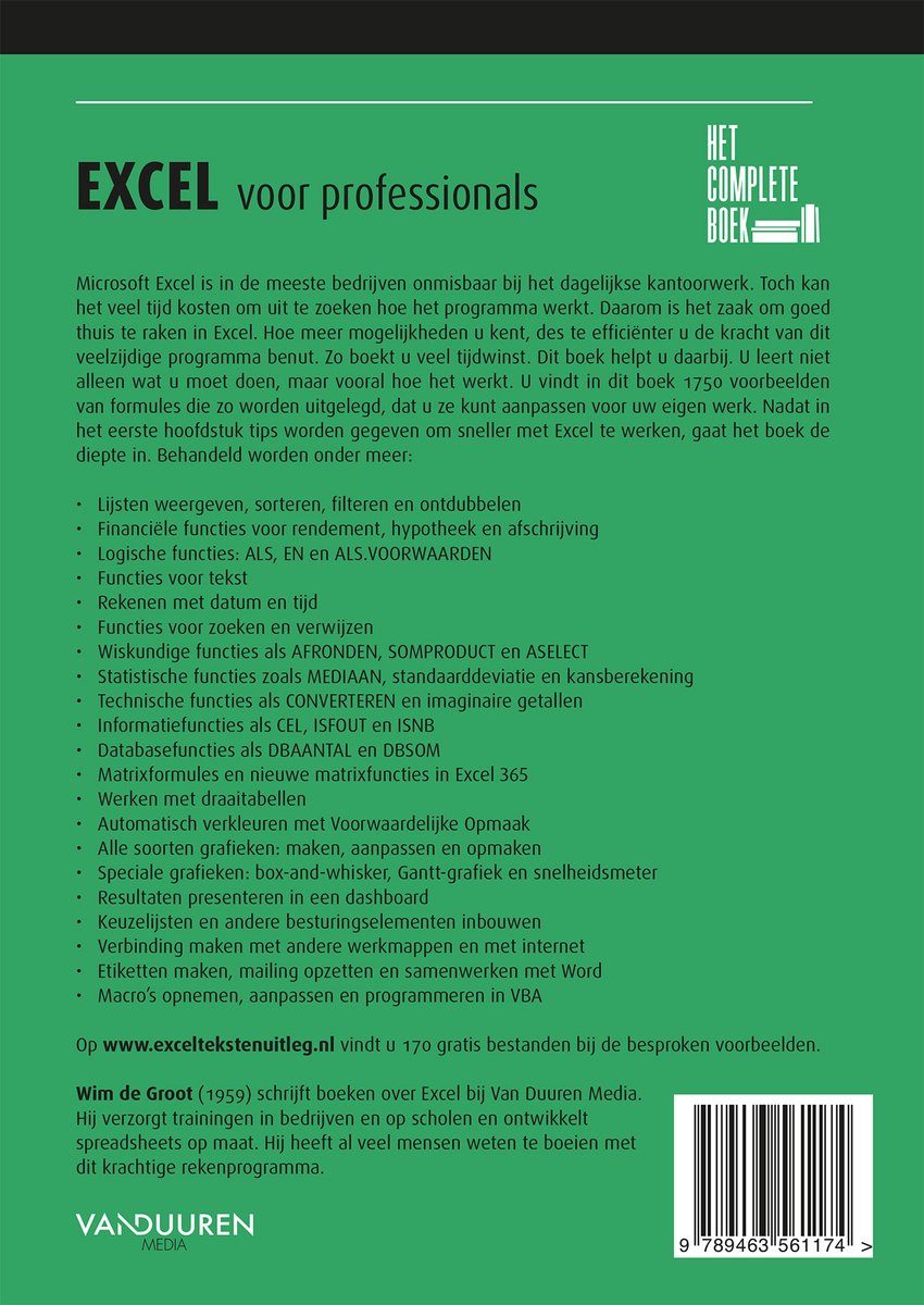 Achterkant boek 'Excel voor professionals'. Beschrijving van het boek, inhoudsopgave en auteur Wim de Groot. Bevat ISBN.