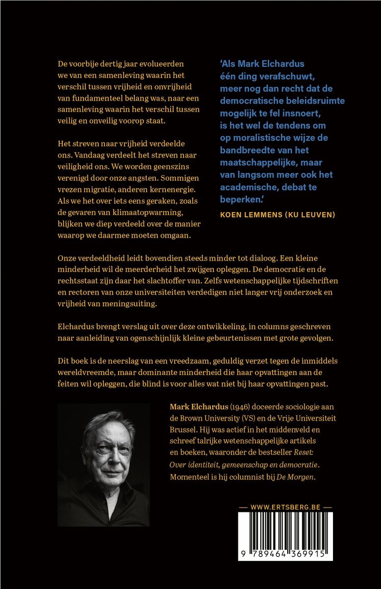 Boekomslag met een portret van Mark Elchardus, een grijzende man met een blauw pak en een lichtblauwe das.