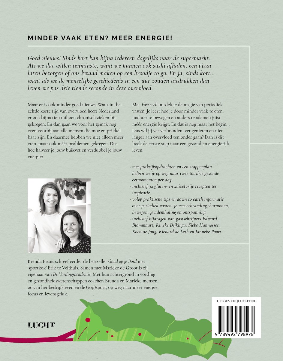 Boek 'Vast wel!' met foto van Brenda Frunt en Marieke de Groot, en tekst 'Minder vaak eten? Meer energie!'