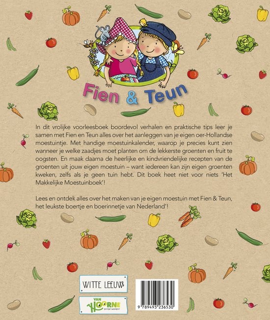 Achterkant van het boek 'Fien & Teun' met een illustratie van kinderen, groenten en fruit en de titel.