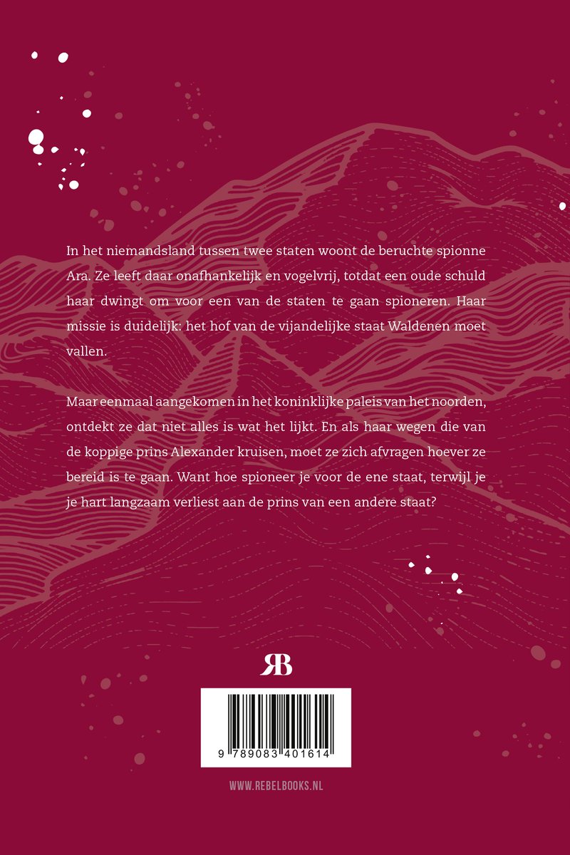 Achterkant boek kaft met donkerrode en witte golvende lijnen en spetters. ISBN en website.