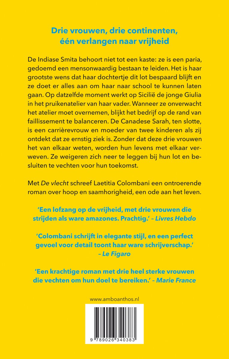 Achterflap van "De vlecht" met tekst over het boek en de auteur.