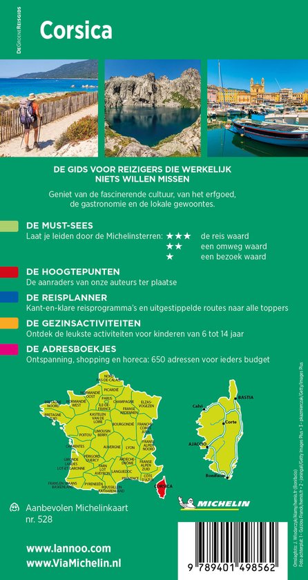 Gids met een kaart van Corsica, kustlijnen, steden en autostrade. Bevat ook informatie over Michelin-sterrenrestaurants.