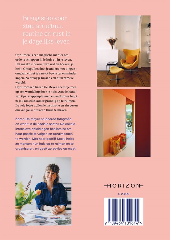 Een geel fauteuil met voetenbankje in een lichte kamer, en een gang met oranje muren. Een vrouw zit aan een tafel.
