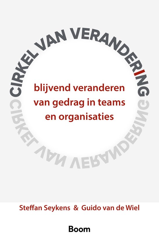 Boekomslag met tekst 'Cirkel van verandering' in een cirkel, met daarin 'blijvend veranderen van gedrag in teams en organisaties'.