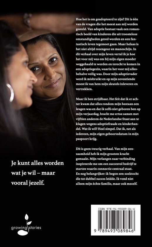 Achterkant van een boek met een portret van twee vrouwen en tekst over adoptiefraude.